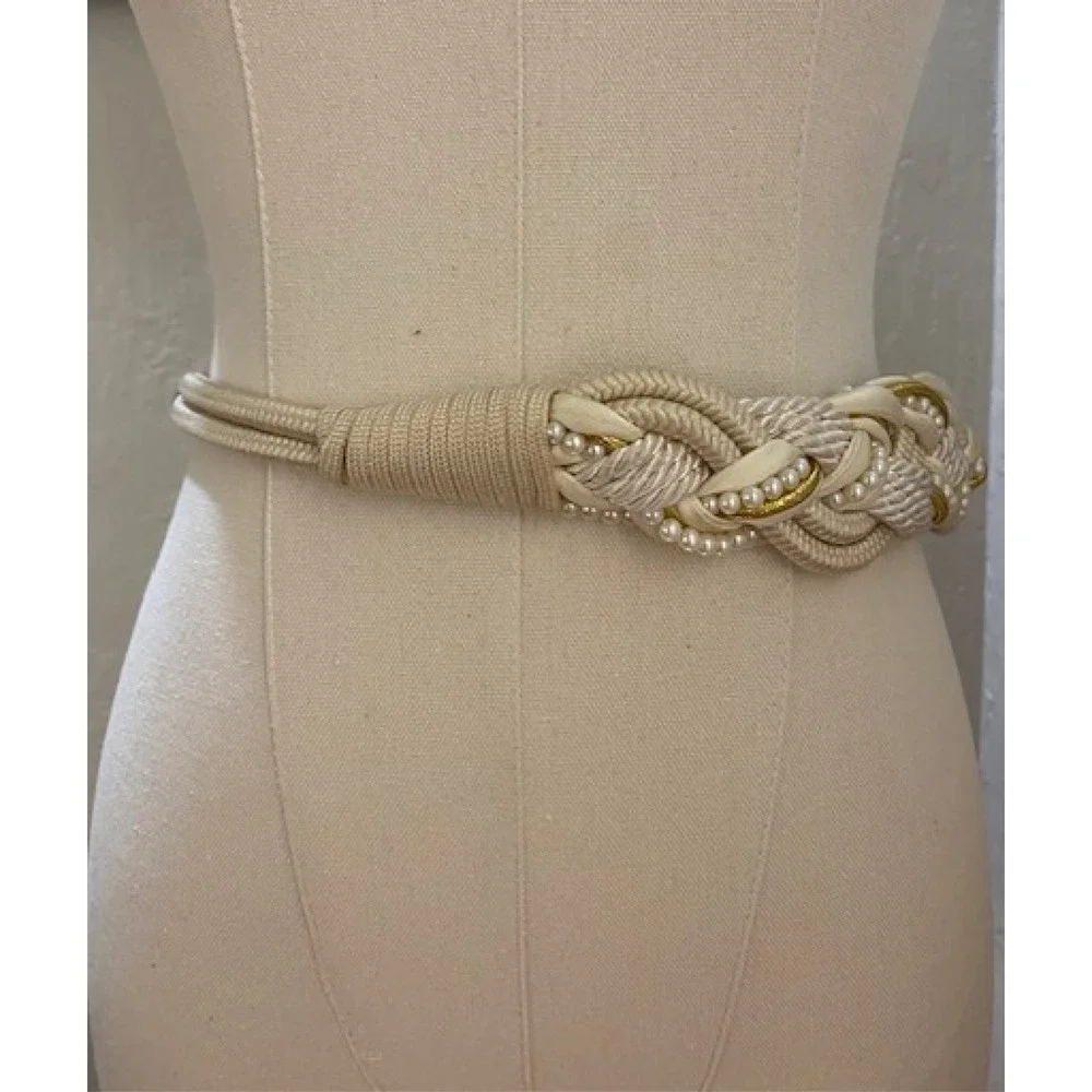 USED Vintage Cream/Off White Braided Woven Cord Belt with pearl & gold detailing